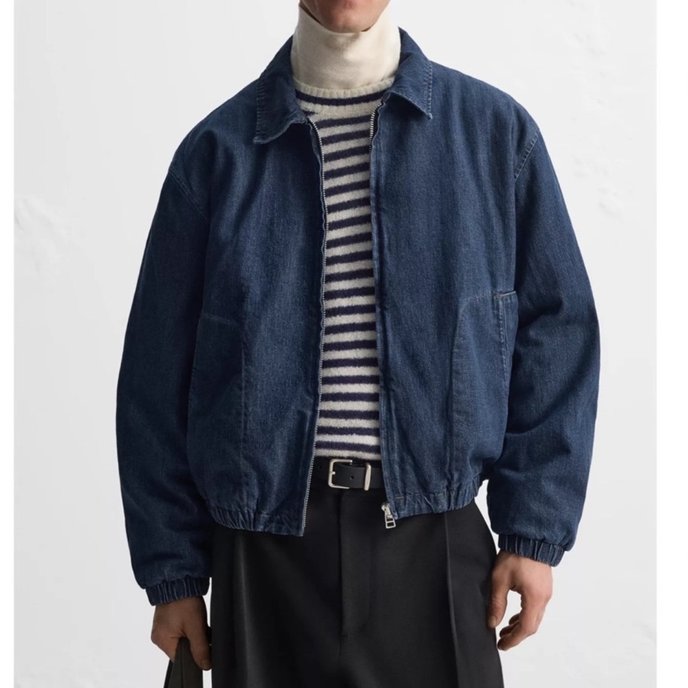 Zara Men’s Quilted Denim Bomber Jacket Blue NWT